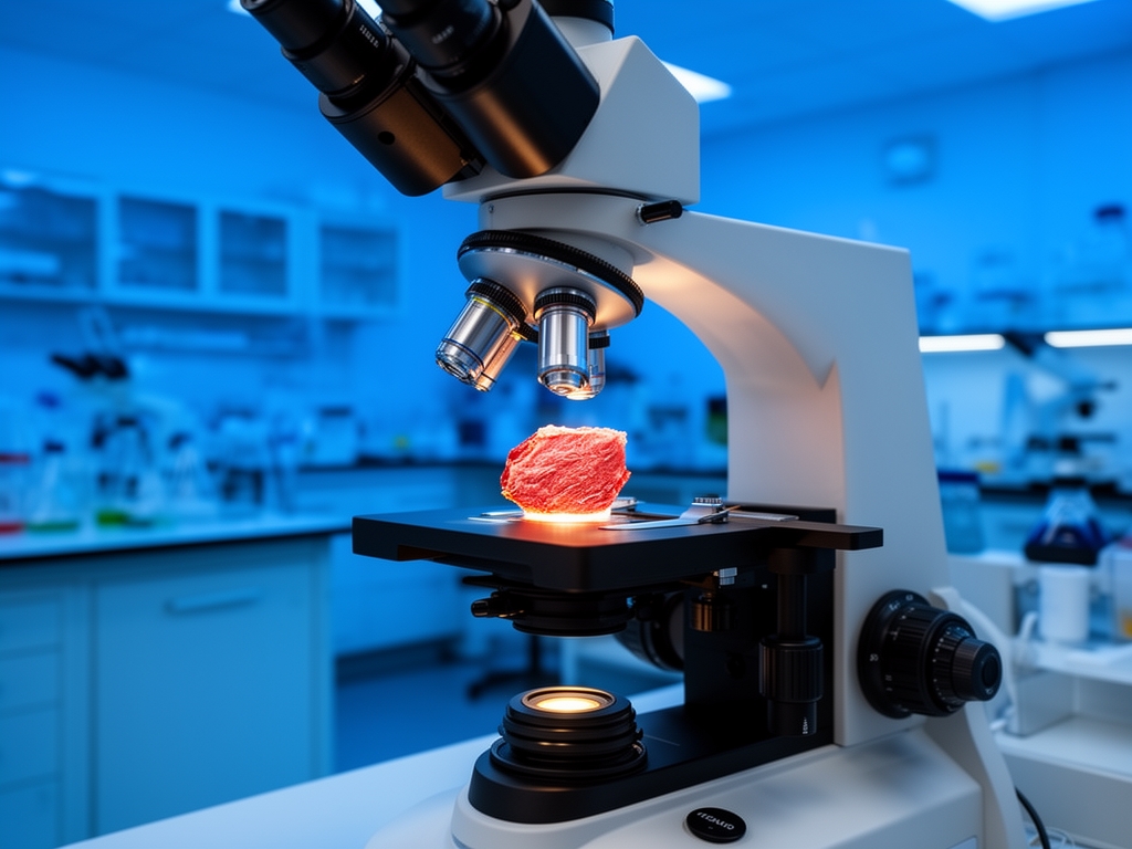 Moderni naučni mikroskop sa uzorkom tkiva pod jakim osvetljenjem u dobro opremljenom istraživačkom laboratorijumu sa plavim ambijentnim svetlom