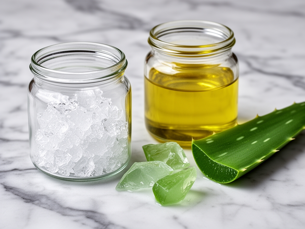 Blizak plan prirodnih kozmetičkih sastojaka — kristali hijaluronske kiseline, komadići aloje vere i biljni ulje u staklenim posudama na mramornoj površini