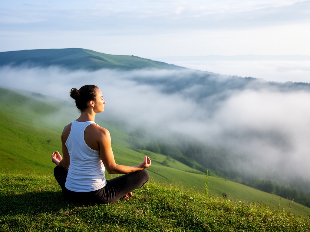 Mirna jutarnja scena sa čovekom koji meditira na planini okružen maglom i zelenim pejzažom, simbolišući vitalnost i mentalno blagostanje